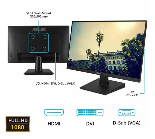 ASUS 60.45 cm (24 inch) Full HD LED Backlit IPS Panel Monitor (VA24EHE) (Frameless, Response Time: 5 ms, 75 Hz Refresh Rate)